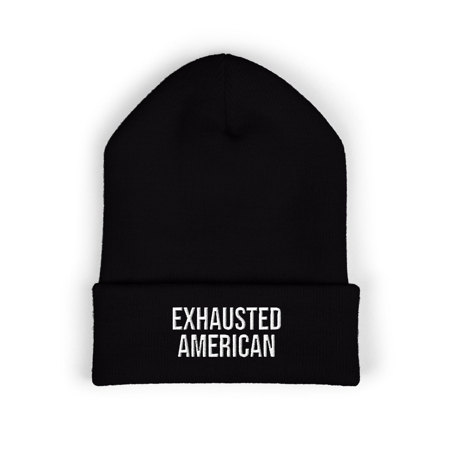 EXHAUSTED AMERICAN EMBROIDERED CUFFED BEANIE