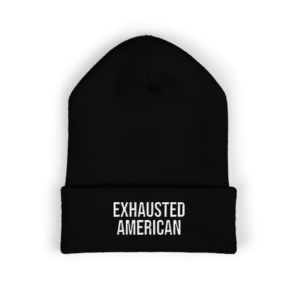 EXHAUSTED AMERICAN EMBROIDERED CUFFED BEANIE