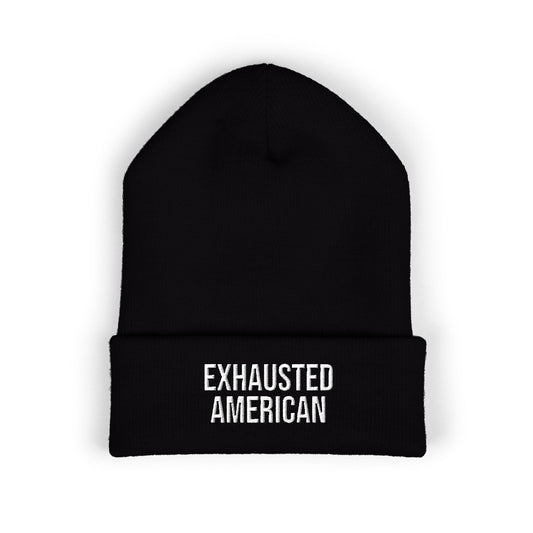 EXHAUSTED AMERICAN EMBROIDERED CUFFED BEANIE