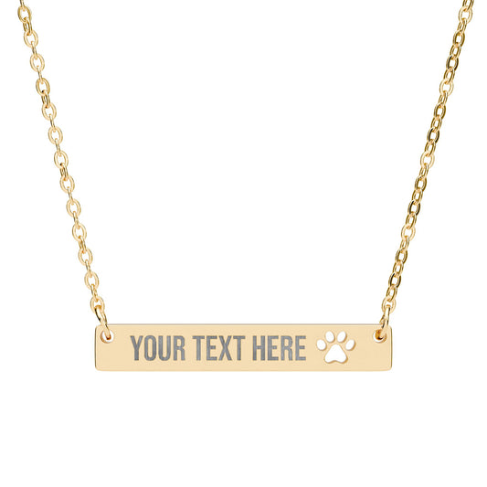 PERSONALIZED TEXT ENGRAVED HORIZONTAL BAR NECKLACE WITH CUTOUT PAW